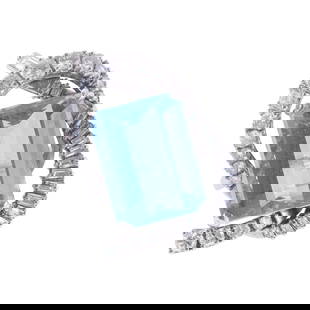 Mid Century 18ct Aquamarine 14k Gold Diamond Ring: Metal : 14k Gold Designer : Not Signed Gemstone : Aquamarine - 19mmx 14.3 x 9.7mm (approx. 18ct), Diamonds approx. 1.80ctw. Measurements : Ring size 6, top is 35mm x 23mm. Marked: : Tested 1