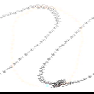Antique Platinum Diamond Emerald Pearl Necklace: Metal : Platinum Designer : Not Signed Gemstone : Pearls - 6.5mm to 10.2mm, Diamonds approx. 1.50ctw, Emerald. Measurements : Necklace is 19.5" long. Marked: :Tested plat. Weigh