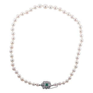 Antique Platinum Diamond Emerald Pearl Necklace: Metal : Platinum Designer : Not Signed Gemstone : Pearls - 6.5mm to 10.2mm, Diamonds approx. 1.50ctw, Emerald. Measurements : Necklace is 19.5" long. Marked: :Tested plat. Weigh