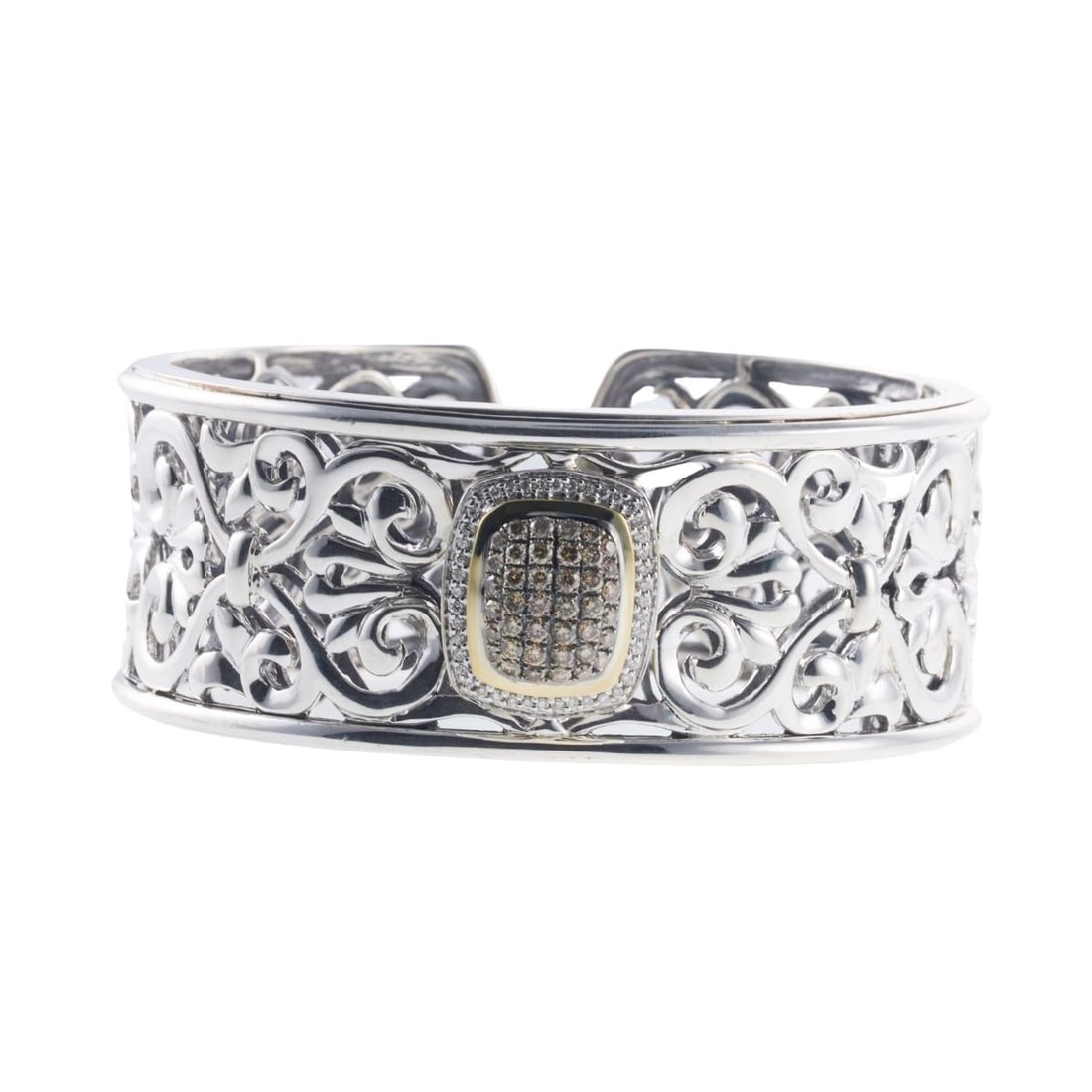 Krypell 18k 14k Gold Silver Fancy Diamond Cuff Bracelet: Metal : 14k/18k Gold/ Sterling Silver Designer : Charles Krypell Gemstone : Diamonds 0.81ctw. Measurements : Bracelet will fit approx. 7" wrist and is 25mm wide. Retail $5175. Marked: : C.K