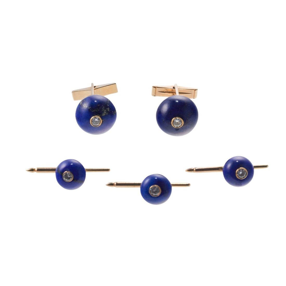 Julius Cohen 18k Gold Lapis Diamond Cufflinks Stud Set: Metal : 18k/14k Gold Designer : Julius Cohen Gemstone : Diamonds approx. 0.95ctw, Lapis. Measurements : Cufflink top is 16mm, stud - 11mm. Marked: : Julius Cohen 18k, backs/hardware marked