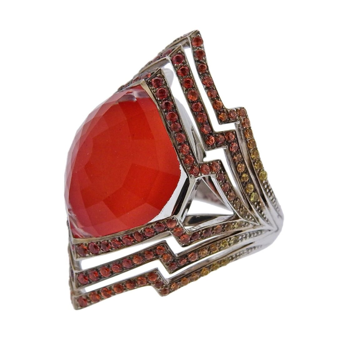 Stephen Webster Lady Stardust Coral Quartz Sapphire Gold Ring: Metal : 18k Gold Designer : Stephen Webster Gemstone : Coral, Quartz, Multi color sapphires approx. 1.53ctw. Measurements :Ring size - 7.25; Ring top measure 35mm wide. Retail $11000. Marked:
