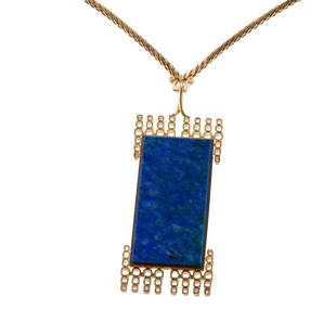 1970s Modernist Azurmalachite 18k Gold Pendant Necklace: Metal : 18k Gold Designer : Not Signed Gemstone : Azurmalachite Measurements : Necklace is 16" long, pendant is 68mm x 27mm. Marked: : Tested 18k. Weight: 39.9 grams 