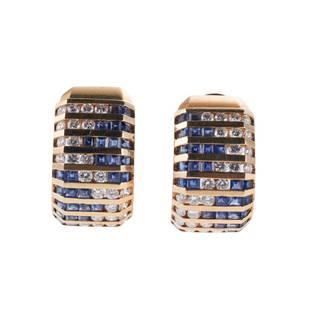 1980s 18k Gold Diamond Sapphire Hoop Earrings: Metal : 18k Gold Designer : Not Signed Gemstone : Diamonds approx. 2.00ctw, Sapphires Measurements : Earrings are 22mm x 14mm. Marked: : 750. Weight: 16.7 grams 