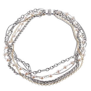 David Yurman Silver 14k Gold Pearl Multi Chain Necklace: Metal : 14k Gold/ Sterling Silver Designer : David Yurman Gemstone : Pearls 6mm. Measurements : Necklace is 15.5" long. Marked: : 585, 750, D.Yurman, 925. Weight: 69.3 grams 