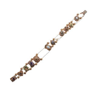 Vintage 14k Gold Gemstone Diamond Pearl Slide Bracelet: Metal : 14k Gold Designer : Not Signed Gemstone : Diamonds, Pearls, Multi Gemstones Measurements : Bracelet is 8" long and 18mm wide. Marked: : 14k. Weight: 35.3 grams 