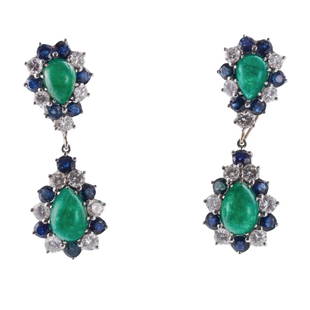 Platinum Emerald Sapphire Diamond Night & Day Earrings: Metal : Platinum/ Gold backs Designer : Not Signed Gemstone : Emerald cabochons, Sapphires, Diamonds approx. 4.70-5ctw. Measurements : Earrings are 45mm long with drops and 20mm x 15mm