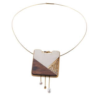 Rene Kern 1970s Gold Wood Diamond Pearl Pendant Necklace: Metal : 18k Gold Designer : Rene Kern Gemstone : Wood, White stone, Pearls, Diamonds approx. 2.80-3.00ctw. Measurements : Necklace's circumference is approx. 14.5-15". Pendant is 3.5" x