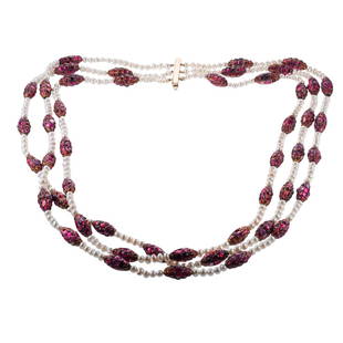 Mughal Gold Pearl Ruby Multi Strand Necklace: Metal : 14k Gold Designer : Not Signed Gemstone : Rubies, Pearls Measurements : Necklace is 26.5" long. Marked: : 14k. Weight: 148.6 grams