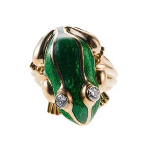 David Webb 18k Gold Enamel Diamond Frog Ring: Metal : 18k Gold Designer : David Webb Gemstone : Diamonds approx. 0..20ctw. Measurements : Ring size - 5.5, top is 25mm x 20mm. Marked: : Webb, 18k, N P87. Weight: 19.4