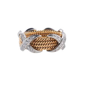 Tiffany & Co Schlumberger Diamond Gold Platinum Four Rope X Ring: Metal : 18k Gold/ Platinum Designer : Jean Schlumberger for Tiffany & Co Gemstone : Diamonds approx. 0.54ctw. Measurements : Ring size 8, ring is 9mm wide. Retail $10000. Marked: : Tiffany