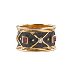 Gkikas Georgios Greece 18k Gold Diamond Ruby Band Ring: Metal : 18k Gold Designer : Gkikas Georgios Gemstone : Diamonds approx. 0.20ctw, Ruby Measurements : Ring size 8.5, ring is 13mm wide. Marked: : Gkikas, Greek mark, 750. 