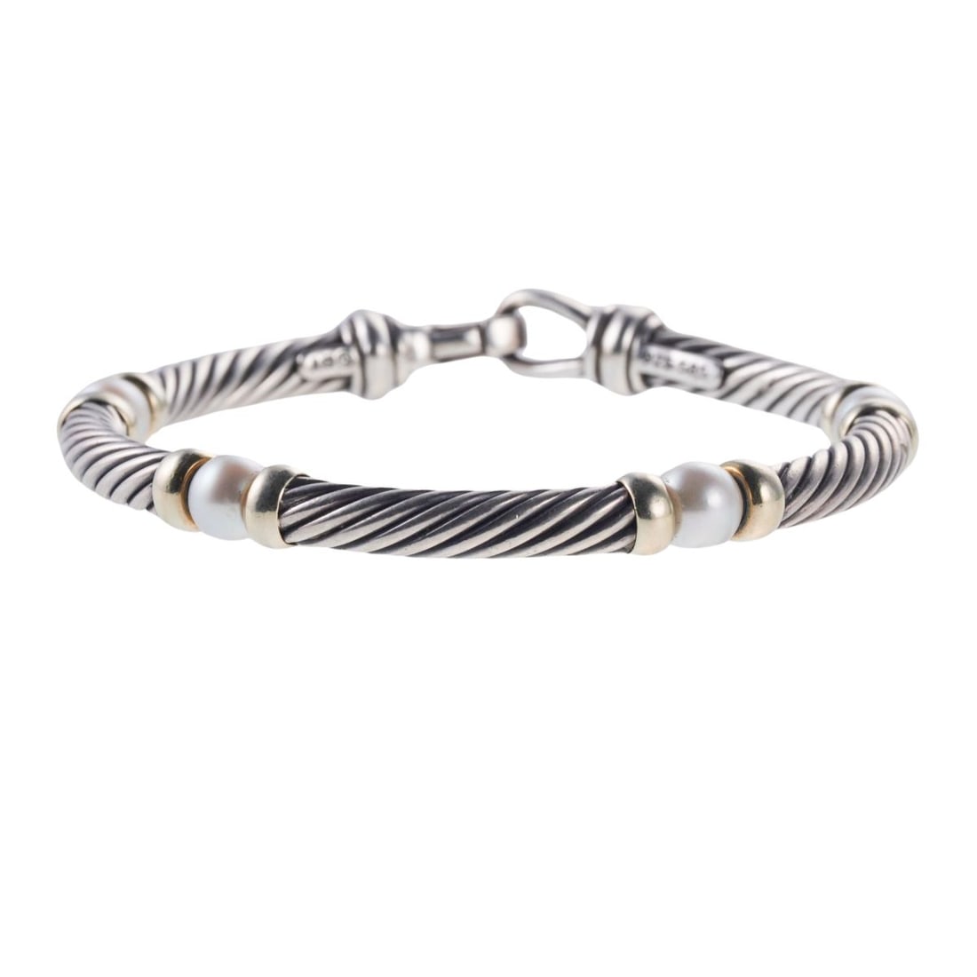 David Yurman 14k Gold Silver Pearl Cable Bracelet: Metal : 14k Gold/ Sterling Silver Designer : David Yurman Gemstone : Pearls 6.2mm. Measurements : Bracelet will fit approx. 6.75" wrist and is 5mm wide. Marked: : DY, 925, 585.