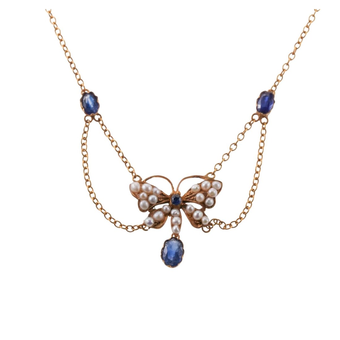 Antique 15k Gold Pearl Sapphire Butterfly Necklace: Metal : 15k Gold Designer : Not Signed Gemstone : Pearls, Sapphires Measurements : Necklace is 16" long, pendant - 24mm x 24mm. Marked: : 15ct. Weight: 4.3 grams