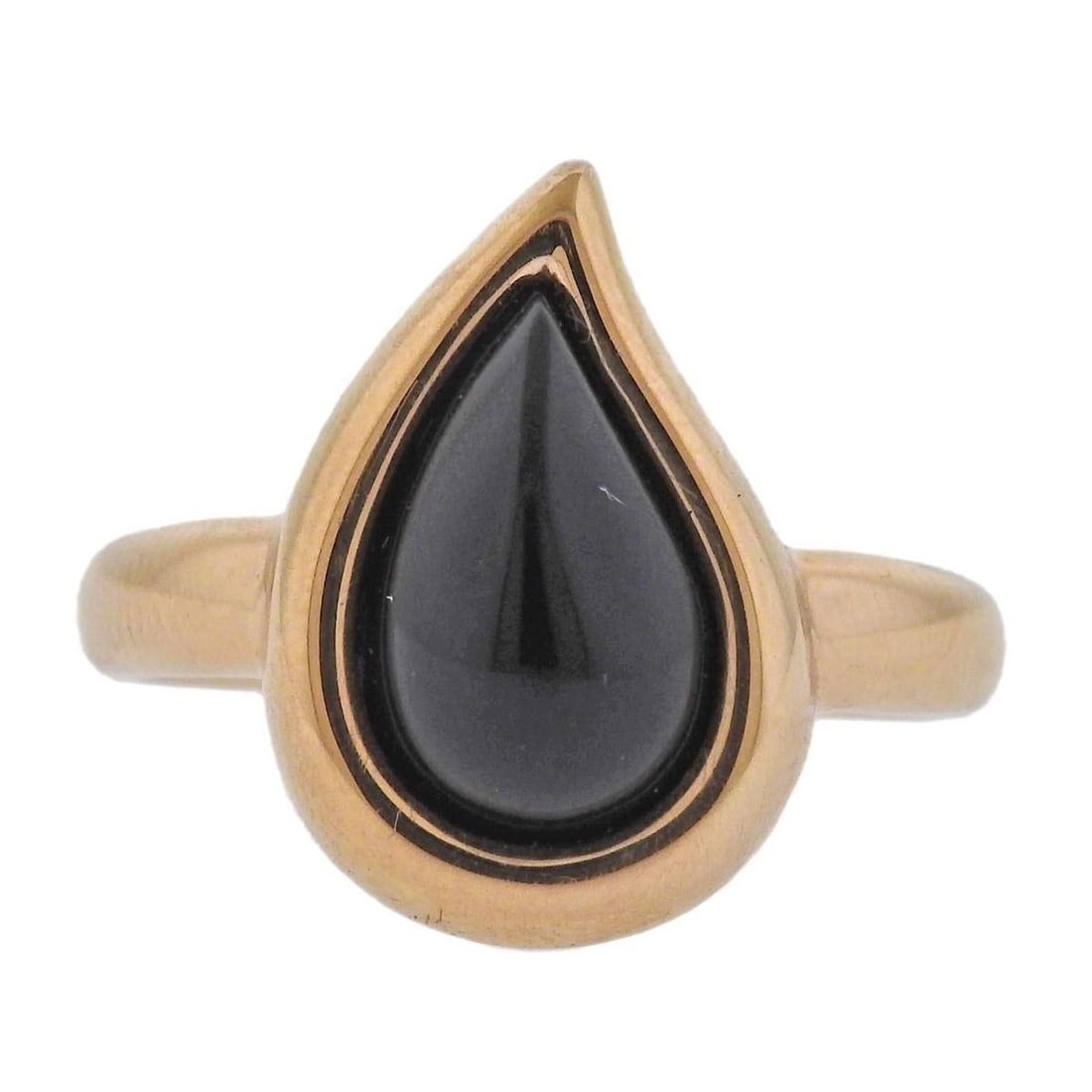 Bucherer Rose Gold Onyx Mary Lacrima Ring: Metal : 18k Gold Designer : Bucherer Gemstone : Onyx Measurements : Ring size 7.75, top is 20mm x 14mm. Retail $3150. Marked: : CB 750. Weight: 10.2 grams
