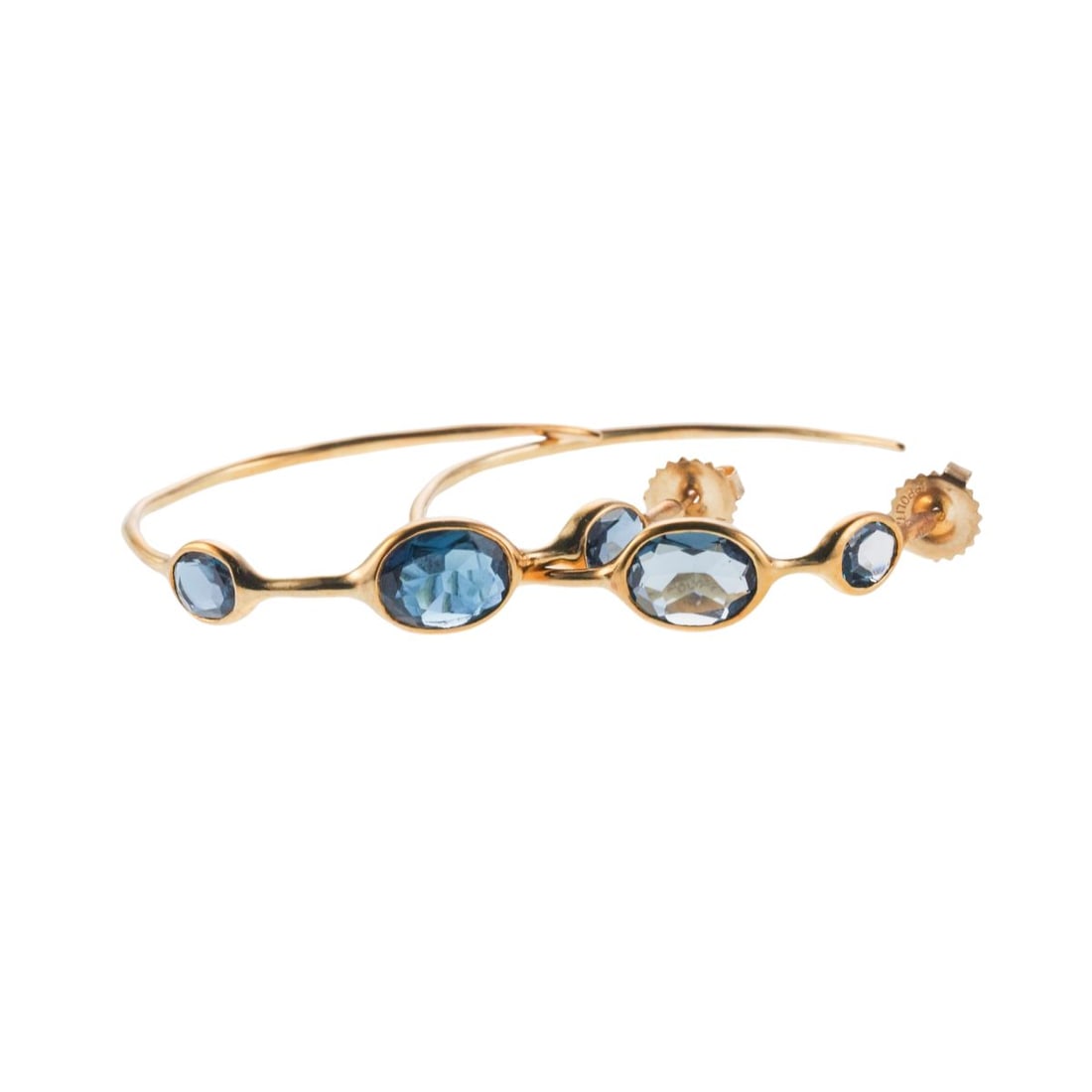 Ippolita Rock Candy London Blue Topaz Gold Hoop Earrings: Metal : 18k Gold Designer : Ippolita Gemstone : London Blue Topaz Measurements : Earrings are 41mm x 8.3mm (earrings are slightly bent) Marked: : Ippolita 18k Weight: 8 grams