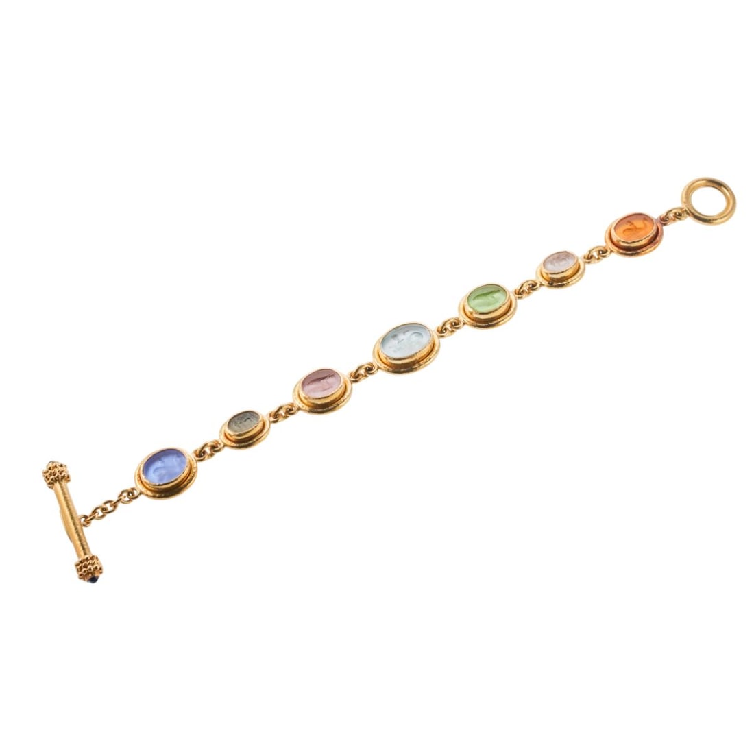 Elizabeth Locke Venetian Glass Intaglio Gold Toggle Bracelet: Metal : 18k Gold Designer : Elizabeth Locke Gemstone : Venetian Glass Intaglio Gold, Sapphires on toggle clasp Measurements : Bracelet is 7.75" long x 15.6mm at widest point Marked: : Elizab