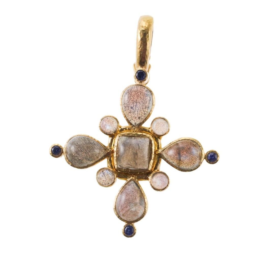 Elizabeth Locke 19k Gold Sapphire Labradorite Pendant: Metal : 19k Gold Designer : Elizabeth Locke Gemstone : Sapphire, Labradorite Measurements : Pendant is 50mm x 38mm. Marked: : E mark, 19k. Weight: 12 grams