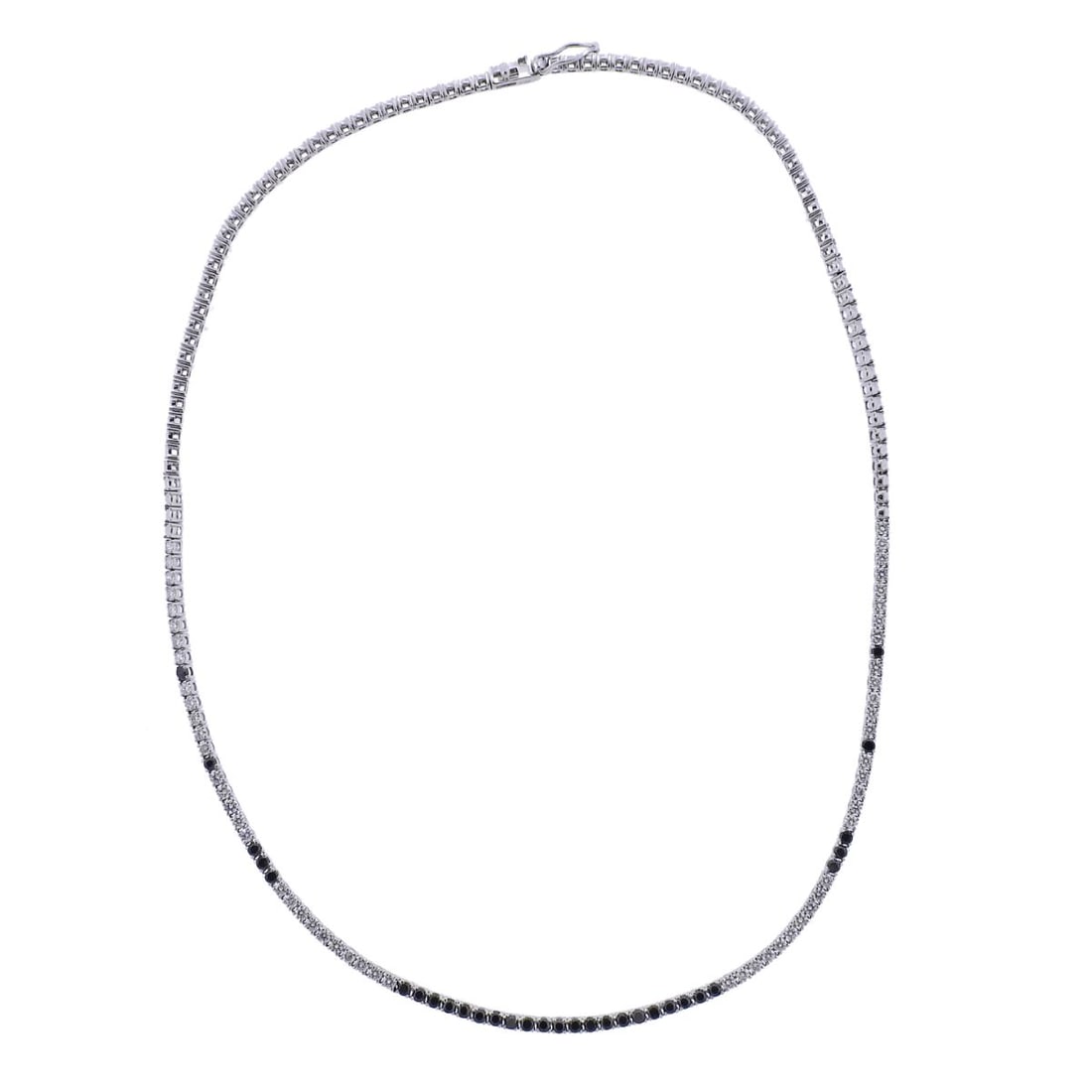 Bucherer Gold White Black Diamond Necklace: Metal : 18k Gold Designer : Bucherer Gemstone :Diamonds approx. 1.96ctw SI/G and 1.11ctw black Measurements: Necklace is 16.5" long and 2.2mm wide Marked: CB, 750 Weight: 15 grams <