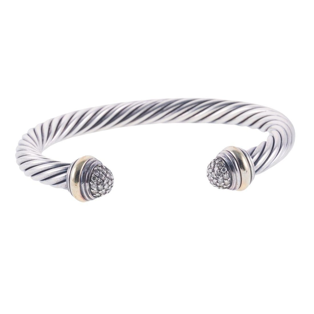 David Yurman Cable Silver 18k Gold Diamond Bracelet: Metal : Sterling Silver/ 18k Gold Designer : David Yurman Gemstone : Diamonds approx. 0.24ctw. Measurements : Bracelet will fit approx. 7.25" wrist, cable is 7mm wide. Marked: : DY, 750, 9