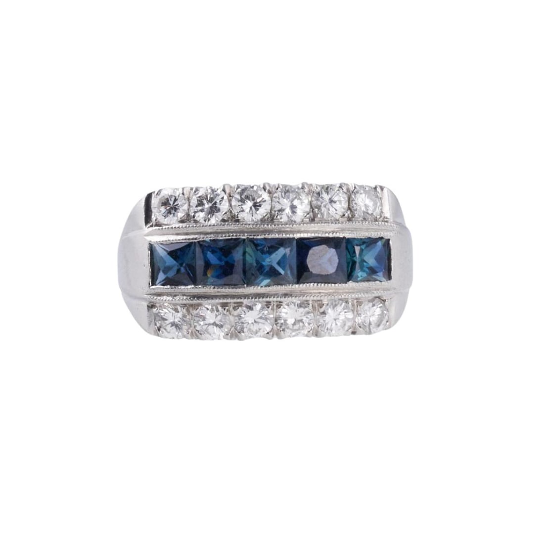Mid Century Platinum Diamond Sapphire Ring: Metal : Platinum Designer : Not Signed Gemstone : Diamonds approx. 1.00-1.20ctw SI/I. Sapphire Measurements : Ring size 8 3/4, top is 11.5mm wide Marked: : Tested - Plat Weight: