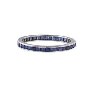 Tiffany & Co Art Deco Platinum Sapphire Eternity Wedding Band Ring: Metal : Platinum Designer : Tiffany & Co Gemstone : Sapphires Measurements : Ring size 5, ring is 2mm wide. Marked: : Tiffany & Co, Irid. Plat. Weight: 1.6 grams 