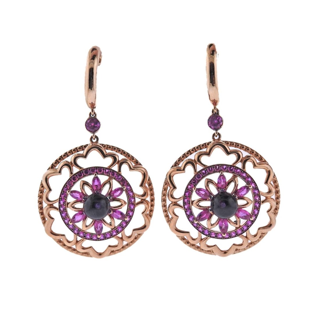 Bucherer Gold Pink Sapphire Amethyst Drop Earrings: Metal :18k Gold Designer : Bucherer Gemstone : Set with 3.26ctw amethyst and 2.44ctw pink sapphires Measurements : Earrings are 48mm long, bottoms are 27mm in diameter Marked: : CB 750
