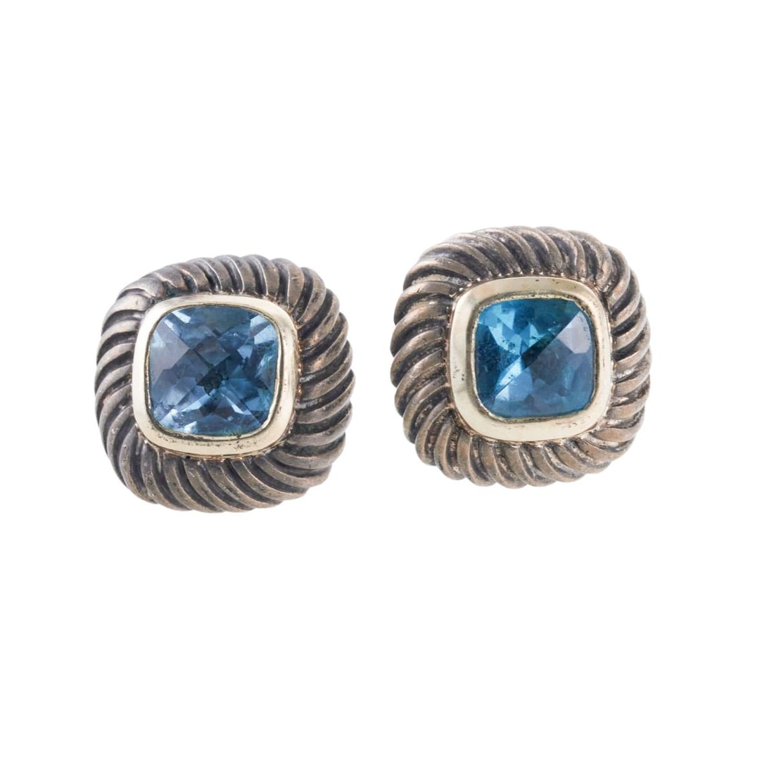 David Yurman Silver 14k Gold Blue Topaz Cable Stud Earrings (1 of 2)