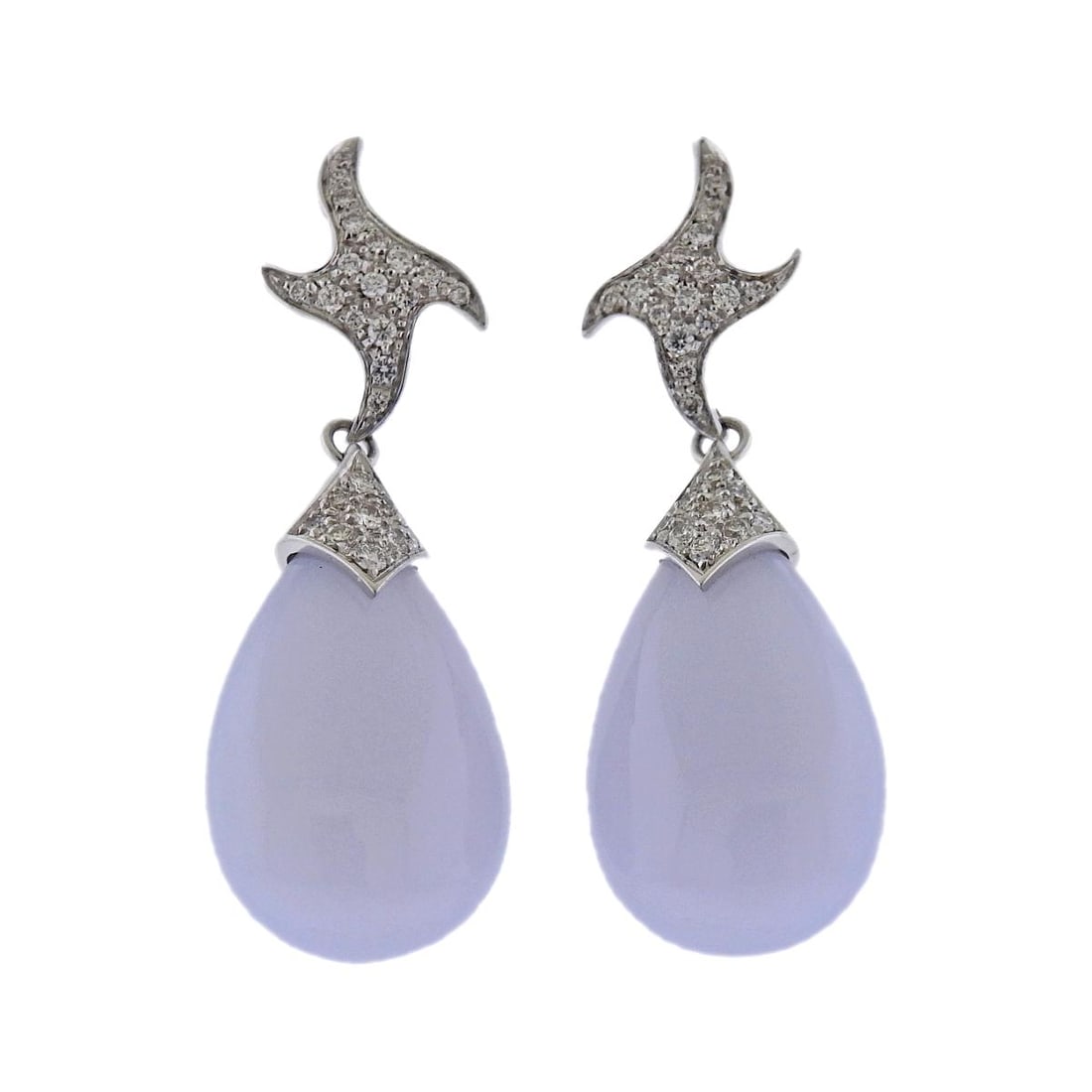 Bucherer Gold Diamond Chalcedony Drop Earrings: Metal : 18k Gold Designer : Bucherer Gemstone : Set with 0.60ctw in H/VS diamonds and 26.3ctw chalcedony Measurements : Earrings are 42mm x 15mm Marked: : 750, CB Weight: 14 grams
