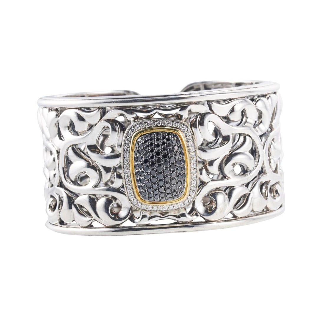 Charles Krypell Silver 18k Gold Diamond Wide Cuff Bracelet: Metal : 18k Gold/ Sterling Silver Designer : Charles Krypell Gemstone : Diamonds approx. 0.35ctw, black diamonds 1.45ctw. Measurements : Bracelet will fit approx. 7" wrist and i 35mm wide. Reta