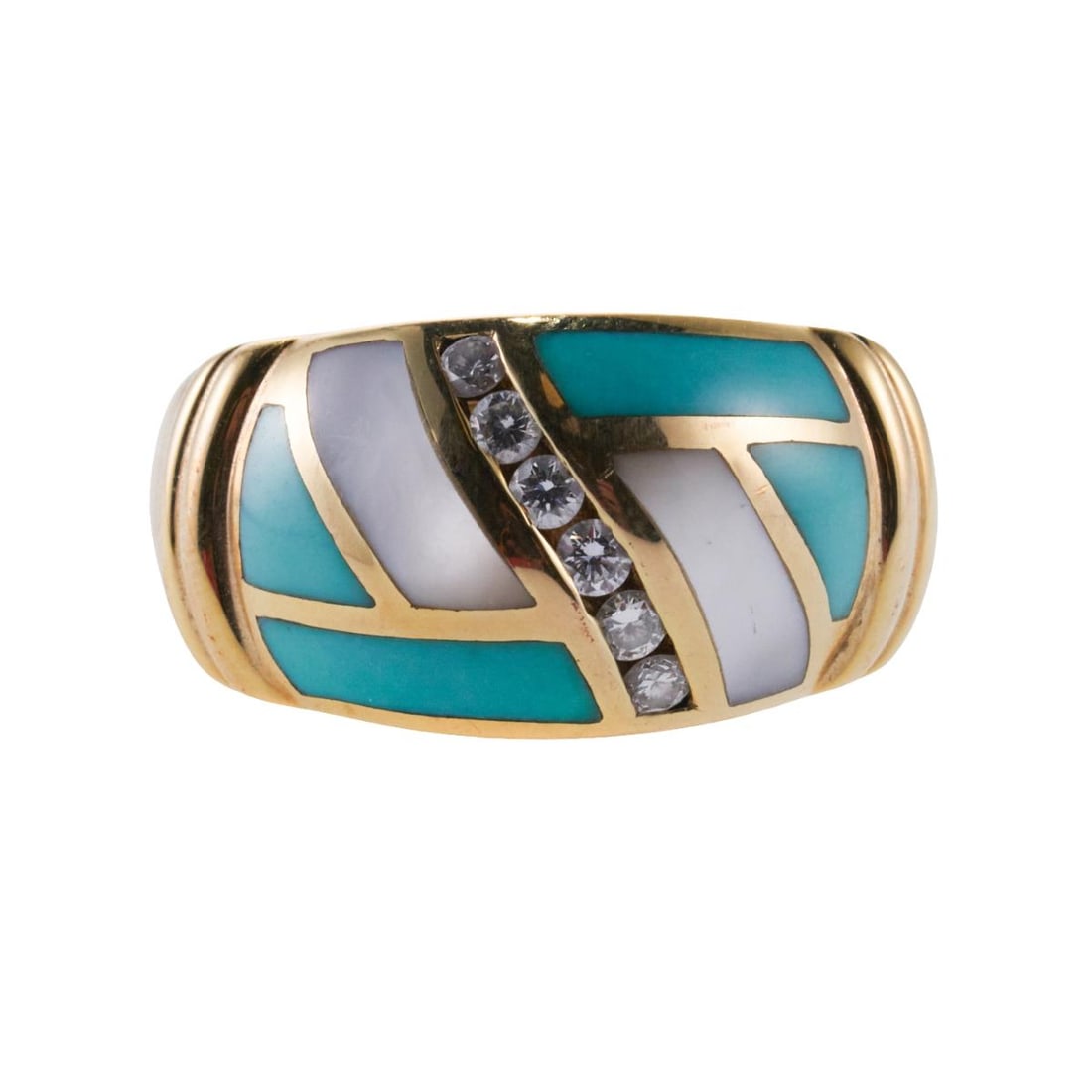 Asch Grossbardt Inlay Mother of Pearl Turquoise Diamond Gold Ring (1 of 4)