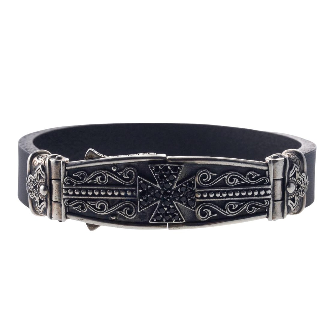 Konstantino Plato Black Spinel Silver Leather Bracelet (1 of 3)