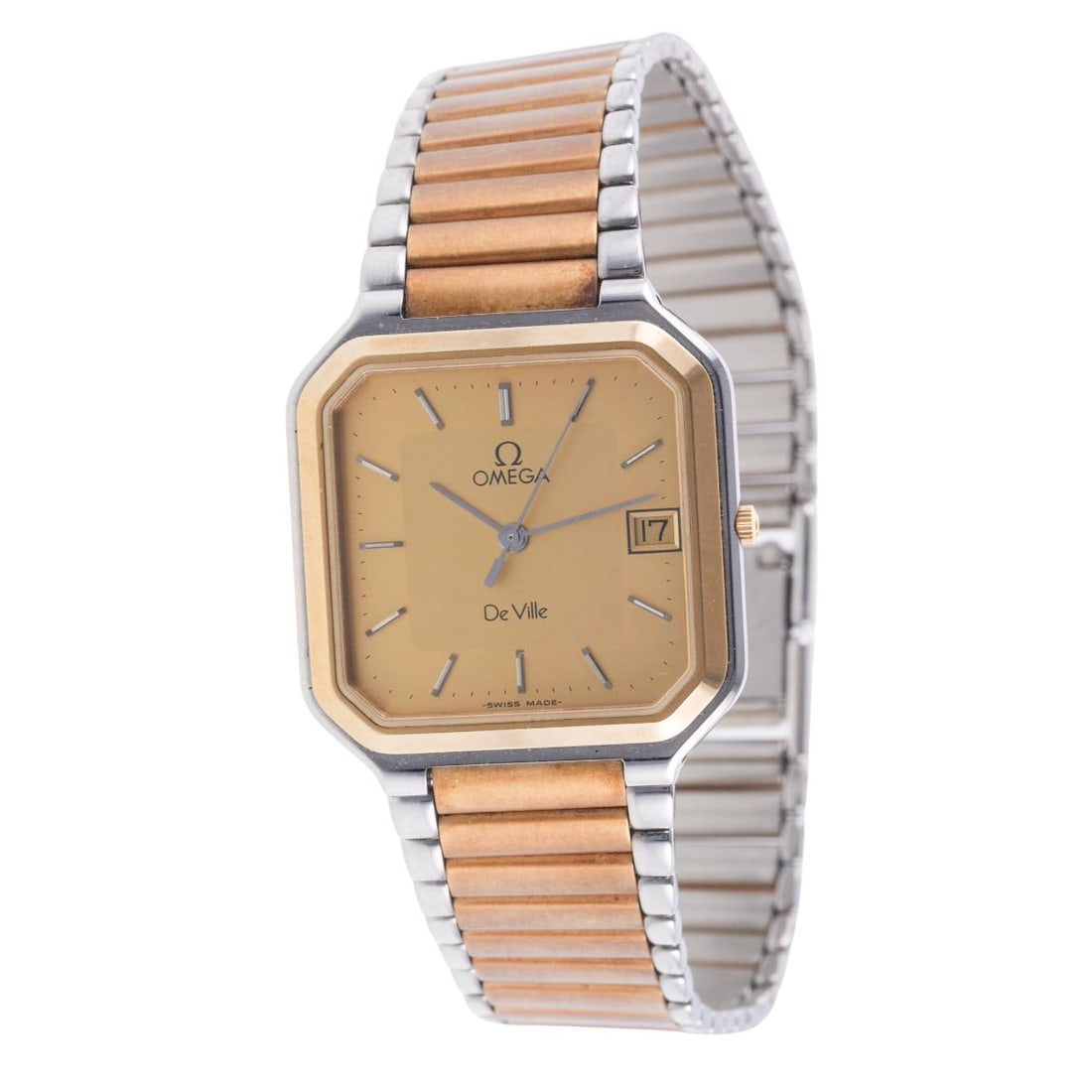 NOS Omega De Ville Gold Tone Watch 1430: Metal : Stainless Steel Designer : Omega Movement : Quart- not running Measurements : 23mm case diameter Reference/Model: : 1430/De Ville Functions : Hours, Minutes, Seconds, D