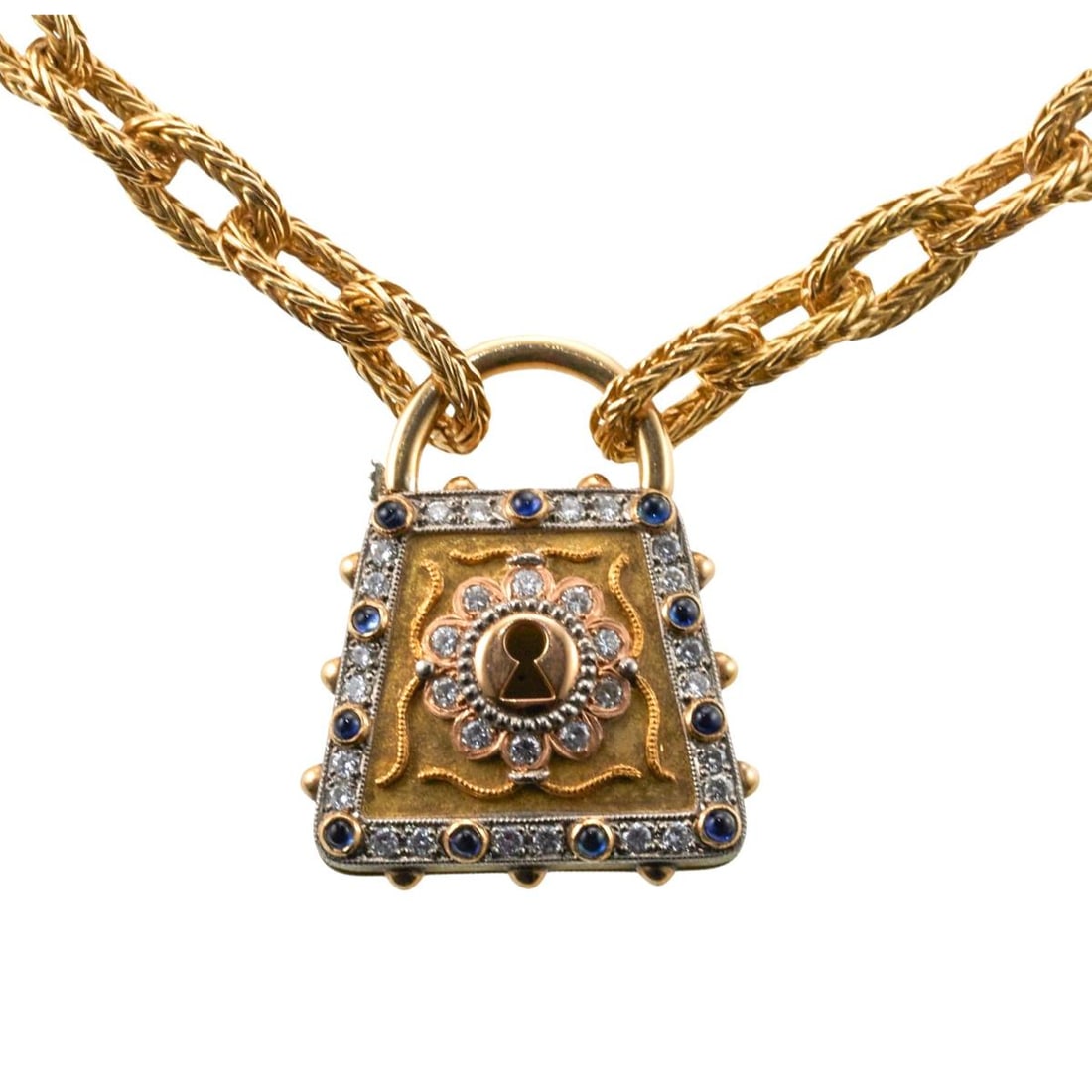 Cazzaniga Italy 18k Gold Diamond Sapphire Padlock Pendant Link Necklace (1 of 5)