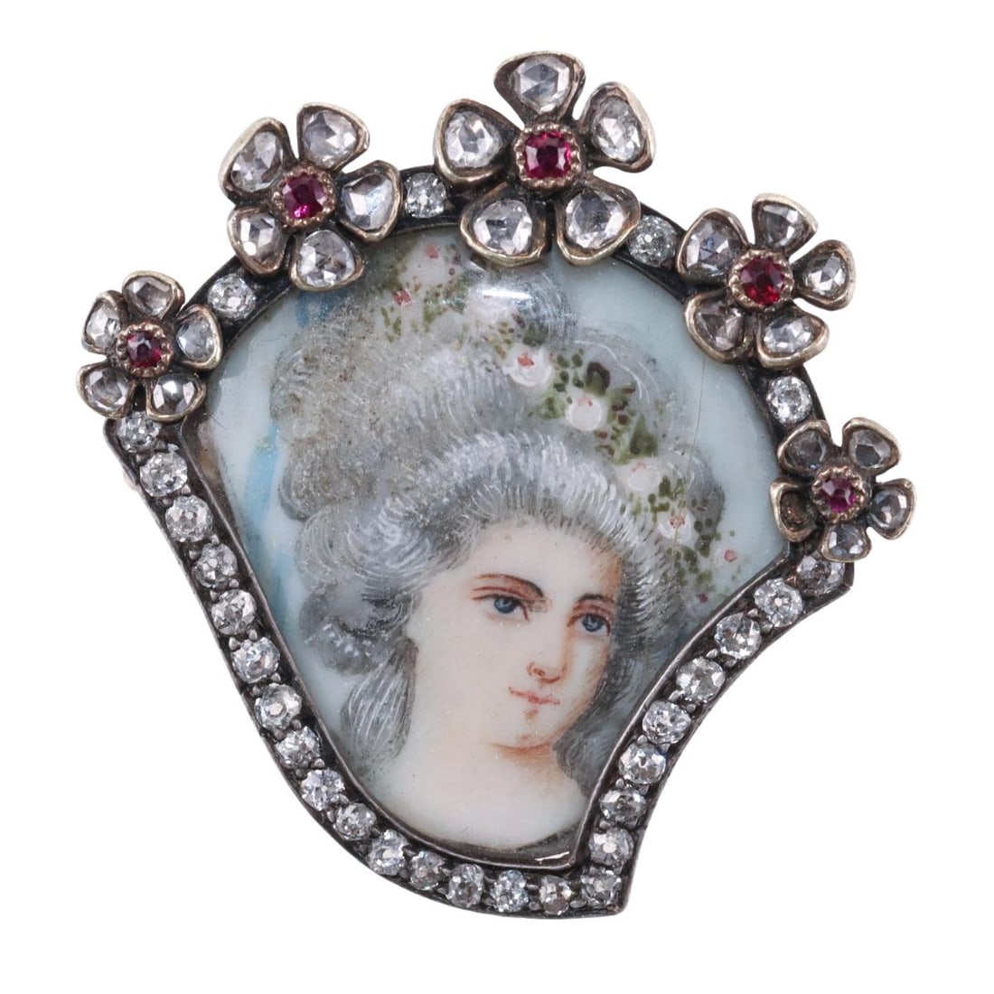 Antique Georgian Silver Hand Painted Miniature Portrait Diamond Ruby Brooch (1 of 3)