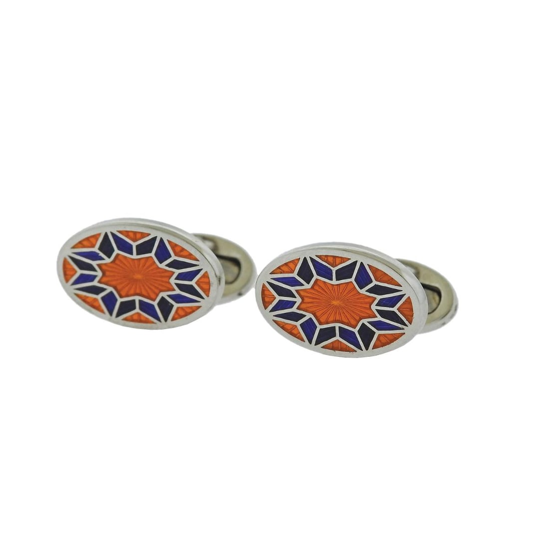 Jan Leslie Orange Purple Enamel Silver English Flower Pattern Cufflinks: Metal : Sterling Silver Designer : Jan Leslie Gemstone : n/a. Enamel Measurements : Cufflink top is 20mm x 13mm Marked: : 925, Maker's signature Weight: 14.4 grams Ad
