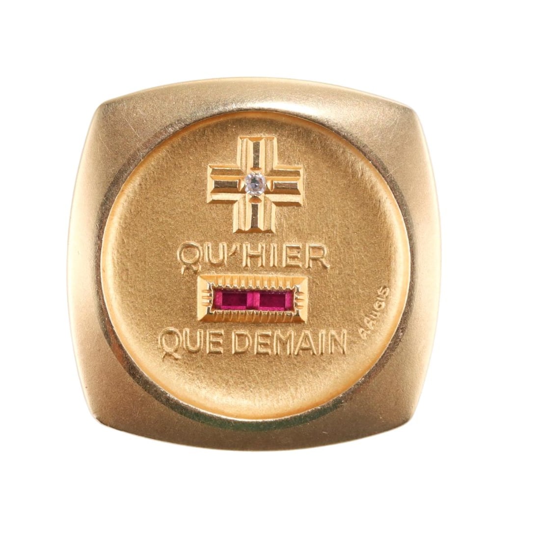 A. Augis French 1970s 18k Gold Diamond Ruby Qu'hier Que Demain Pendant (1 of 3)