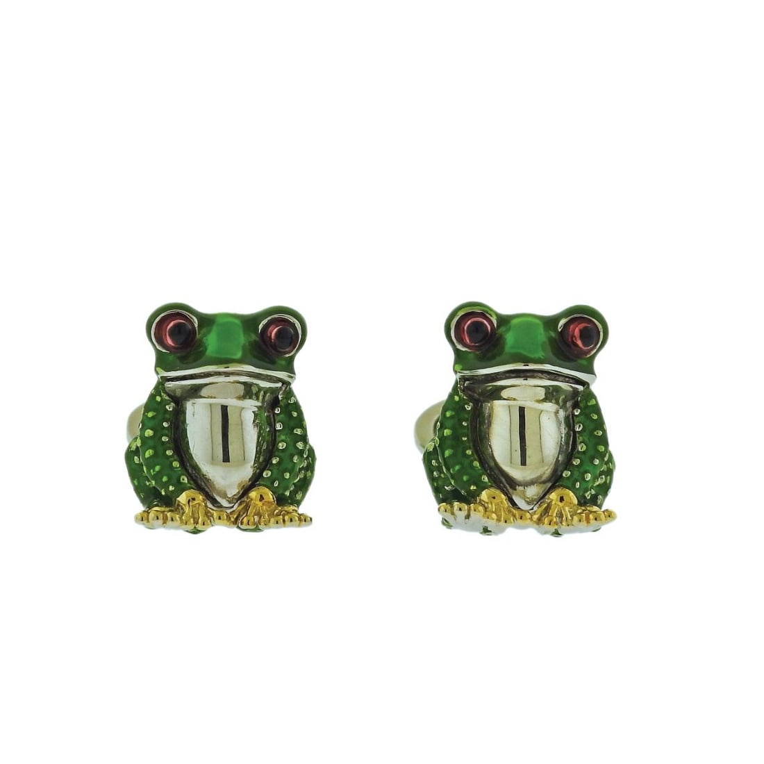 Jan Leslie Frog Enamel Silver Cufflinks: Metal : Sterling Silver Designer : Jan Leslie Gemstone : n/a. Enamel Measurements : Frogs measure 18mm x 15mm Marked: : 925, Maker's signature Weight: 27.3 grams Addi