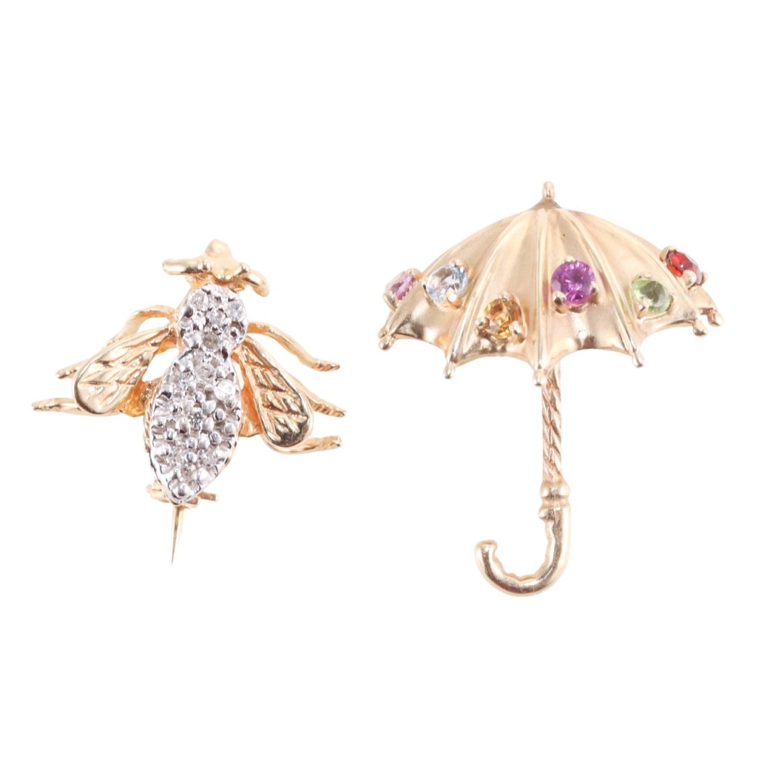 14k Gold Diamond Gemstone Umbrella Bee Insect Brooch Set of 2 (1 of 3)