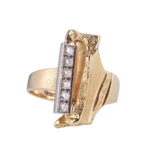 Bjorn Weckstrom Modernist 1970s 18k Gold Diamond Ring: Metal : 18k Gold Designer : Bjorn Weckstrom Gemstone : Diamonds approx. 0.12ctw. Measurements : Ring size 6.75, top is 20mm x 10mm. Marked: : Maker's hallmarks. Weight: 9.2