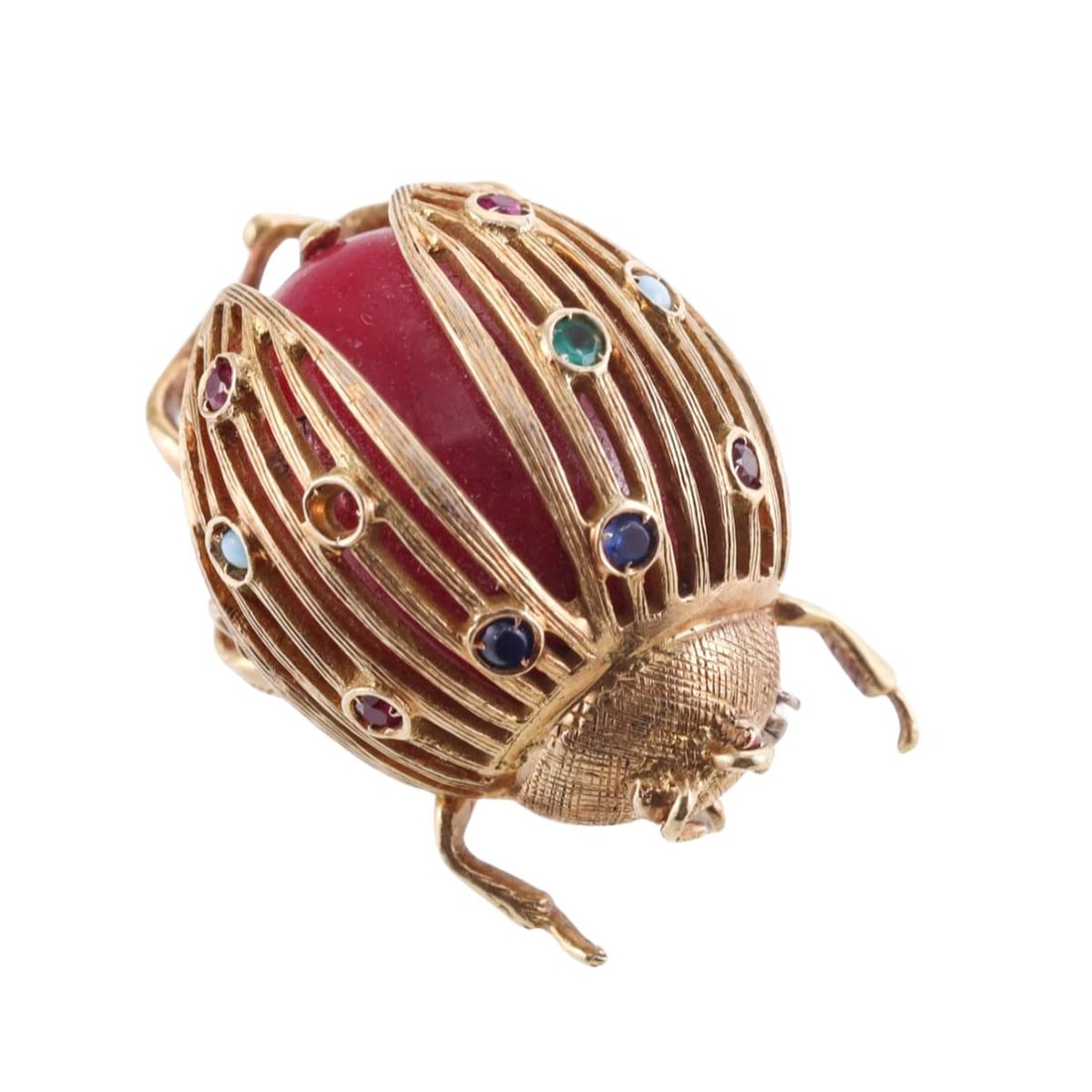 18k Gold Rhodochrosite Sapphire Emerald Ruby Turquoise Ladybug Brooch (1 of 4)
