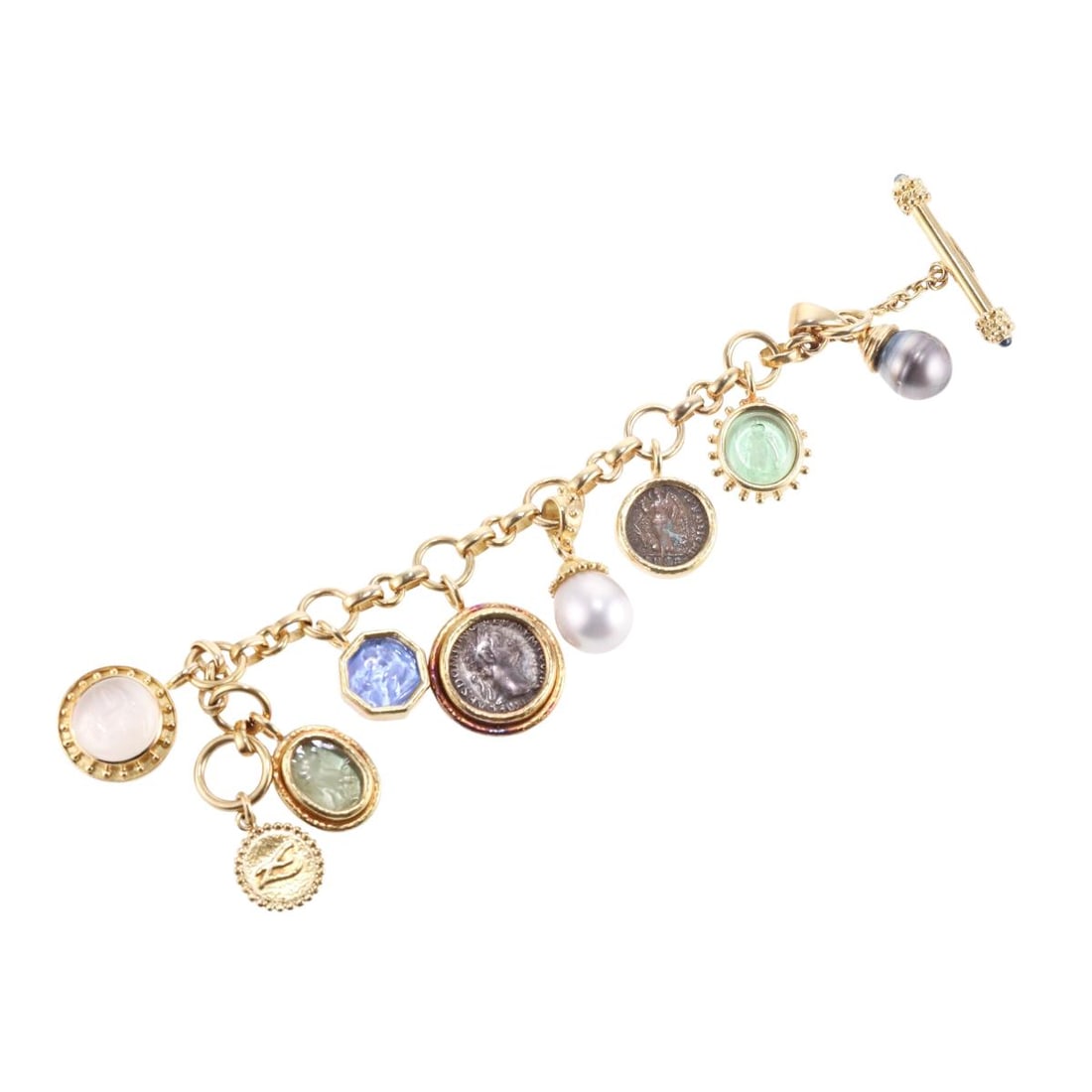 Elizabeth Locke 18k Gold Pearl Venetian Glass Intaglio Coin Charm Bracelet (1 of 7)