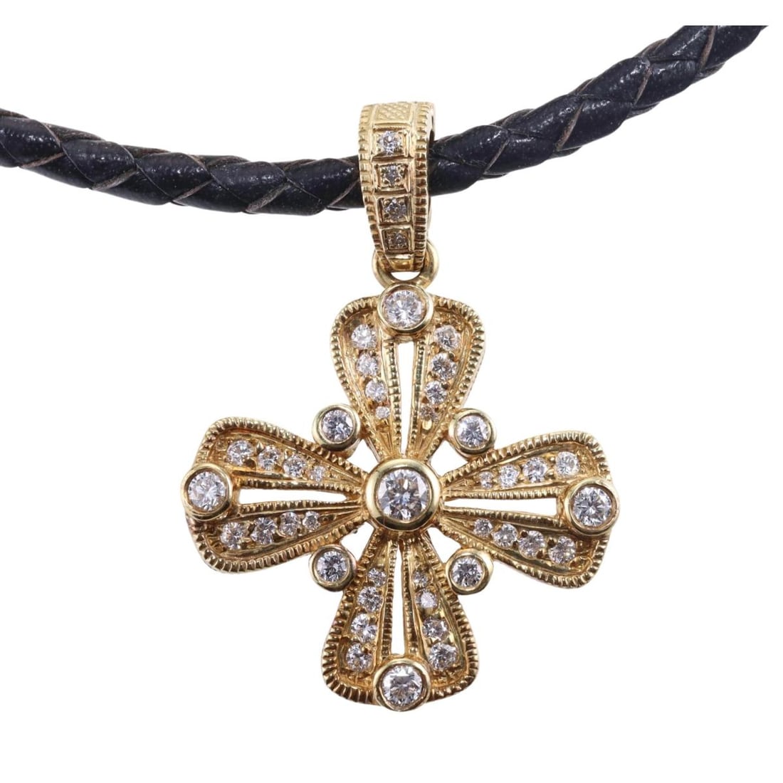 18k Gold Diamond Cross Pendant Leather Necklace (1 of 6)