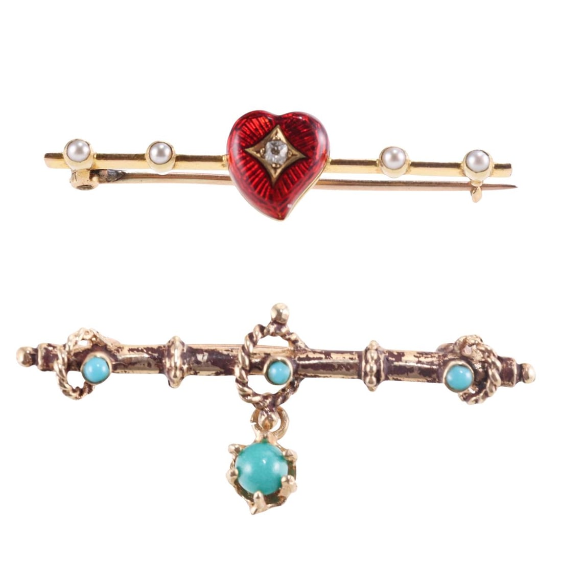 Antique Victorian Gold Pearl Turquoise Diamond Enamel Brooch Set of 2 (1 of 3)