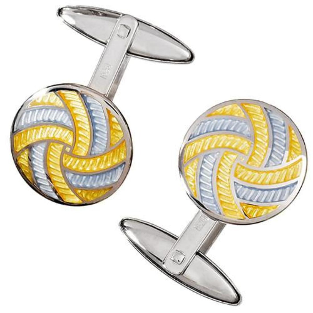 Jan Leslie Yellow Grey Enamel Silver Pinwheel Cufflinks: Metal : Sterling Silver Designer : Jan Leslie Gemstone : n/a Measurements : Cufflink top is 16.6mm in diameter Marked: : 925, Maker's Signature Weight: 10.9 grams Add