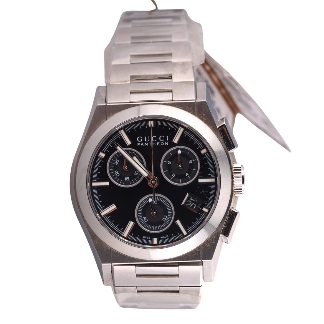 Gucci Pantheon Chronograph Watch YA115406: Metal : Stainless Steel Designer : Gucci Movement : Quartz Measurements : 34mm case diameter Reference/Model: : YA115406/Pantheon Chronograph Functions : Hours, Minutes, Seconds
