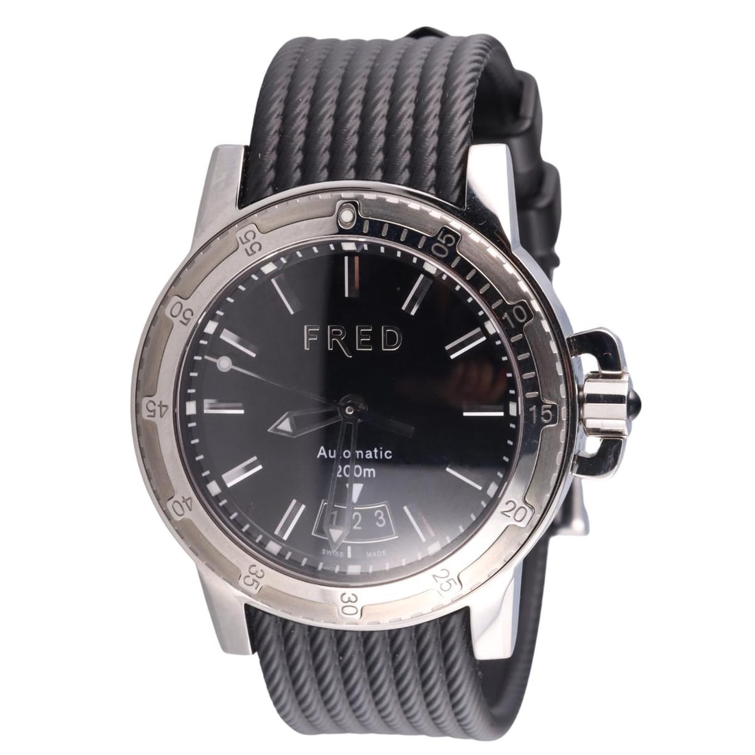 Fred Paris Stainless Steel Automatic Watch FD064510: Metal : Stainless Steel Designer : Fred Movement : Automatic Measurements : Case 40mm, original rubber black band with steel buckle - full size. Reference/Model: : FD064510 Functio