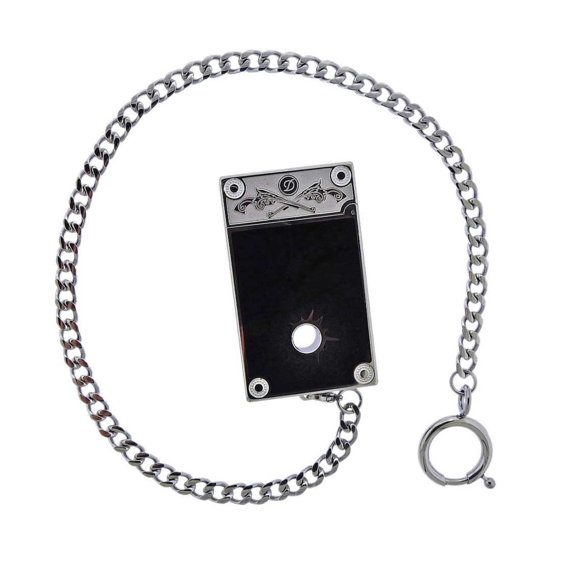 S.T. Dupont Wild West Limited Edition Lacquer Chain Lighter: Metal : Palladium Finish Designer : S.T. Dupont Measurements : 62mm x 37mm x 11mm. Condition : Mint, unused. Additional : Comes in original box. Retail $1750 .