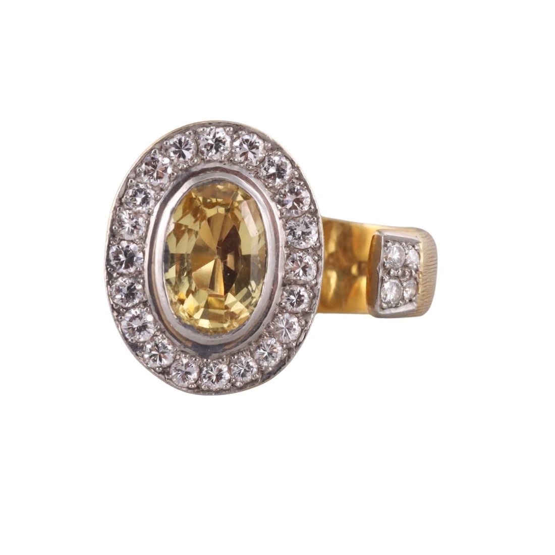 Andrew Grima 18k Gold 3.50ct Yellow Sapphire Diamond Ring: Metal : 18k Gold Designer : Andrew Grima Gemstone : Yellow sapphire is 11mm x 7mm x 5.7mm (approx. 2.50ct), Diamonds approx. 0.52ctw. Measurements : Ring size 4.25, top is 20mm wide. Marked: <