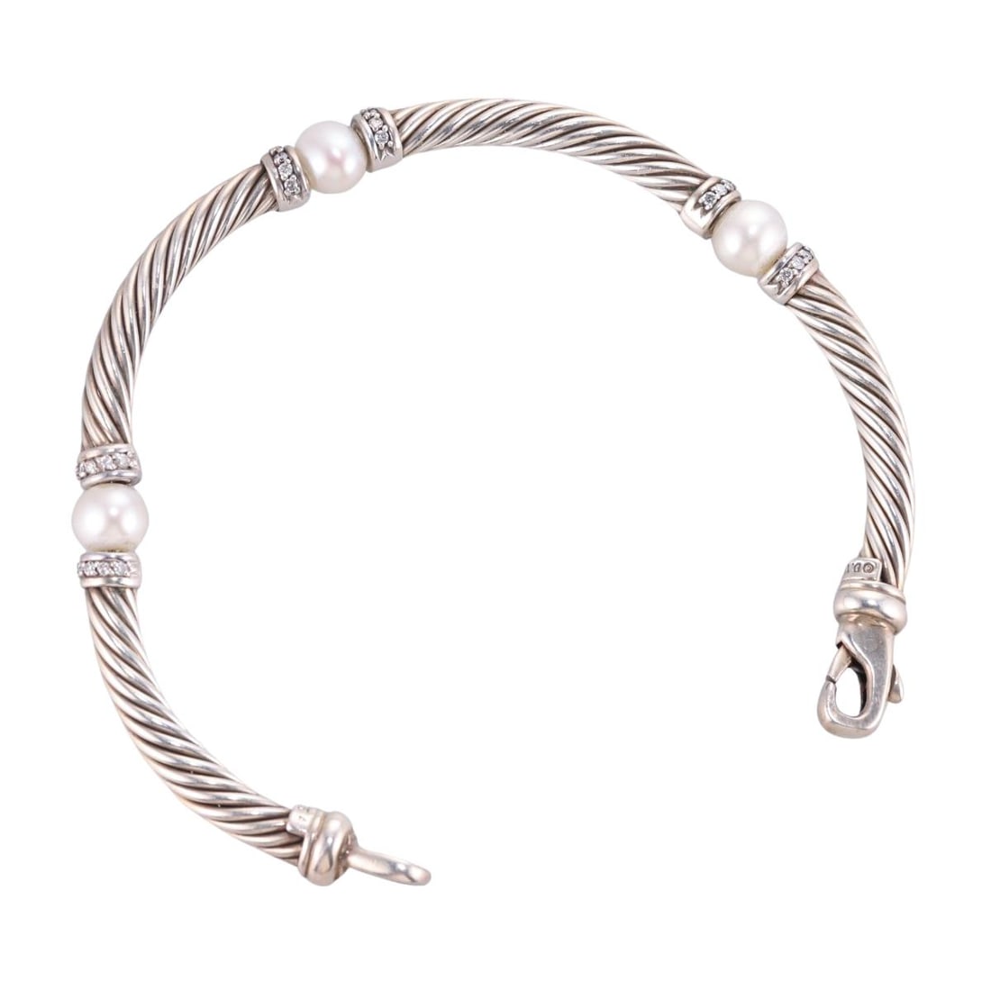 David Yurman Silver Diamond Pearl Cable Bracelet (1 of 4)